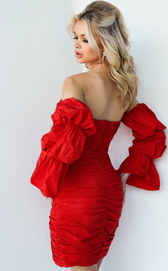 Jovani 07558 Red Ruched Off the Shoulder Homecoming Dress